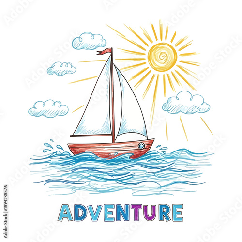 Whimsical watercolor sailing scene with sun and clouds featuring 'adventure'
