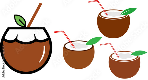 Tropical coconut cocktail vector set, fresh coconut water drink with straw and mint leaf, exotic summer beach beverage icons for menu design