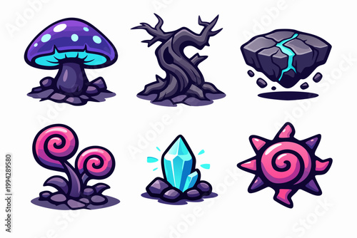 Fantasy game props set featuring magical plants, floating rock, twisted tree, crystal