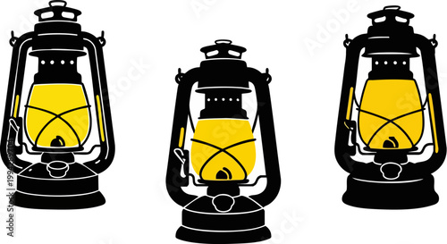 Vintage kerosene lantern vector set, black oil lamp silhouettes with yellow glowing glass, rustic camping equipment icons for outdoor adventure