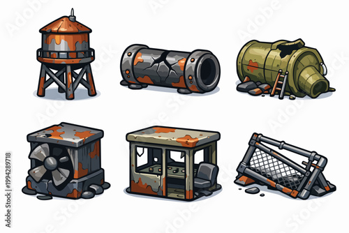 Set of rusty industrial game assets for post-apocalyptic or decaying environments