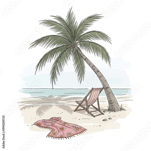 Tropical beach scene with palm tree lounge chair and relaxing ambiance