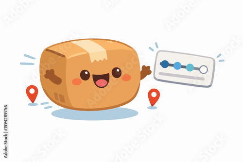 Package mascot moving along a delivery tracking progress bar with locator pins