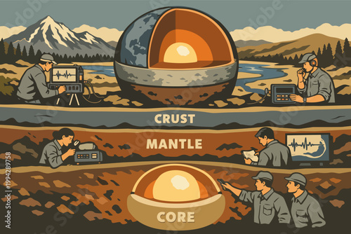 Scientists examining earth's layers: crust, mantle, and core. Visualizing seismic waves