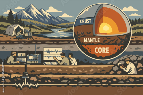 Geologists studying earth layers structure, seismic waves, and mining excavation