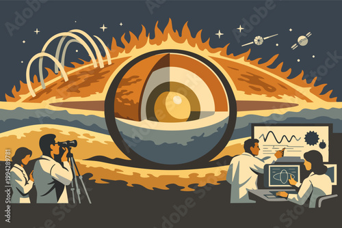 Scientists conducting solar research, exploring sun's layers and space phenomena