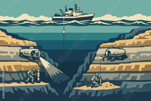 Deep sea mining operation detecting and extracting valuable seabed resources