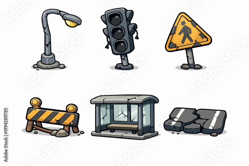 Damaged urban infrastructure elements depicting city decay and public service neglect
