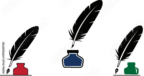 Vintage quill pen and inkwell set, 3 vector icons of antique feather pens with colorful ink bottles, classic calligraphy writing tools