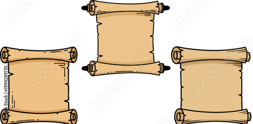 Vintage parchment paper scrolls set, antique blank papyrus banners with torn edges, medieval tan document vector collection for gaming and history