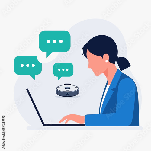 Woman using laptop with chat bubbles illustrating digital communication and assistance