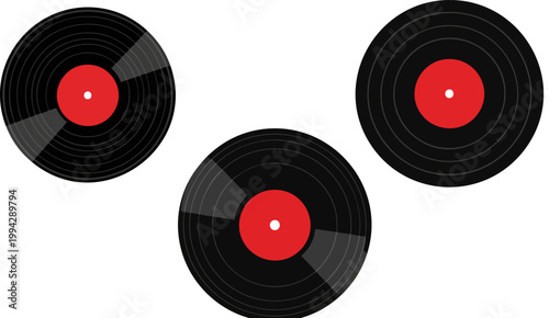 Vintage vinyl record vector set, black music discs with red labels, retro analog audio equipment icons for club posters and dj event branding