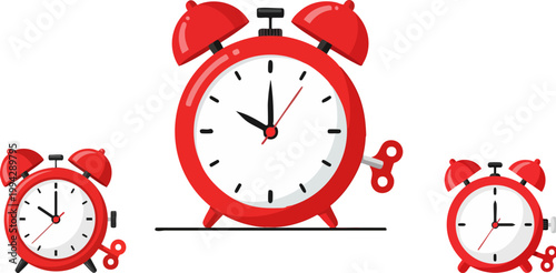 Retro red alarm clock vector set, vintage mechanical wind-up clocks with bells, classic analog timepiece collection for morning routine and deadline concepts
