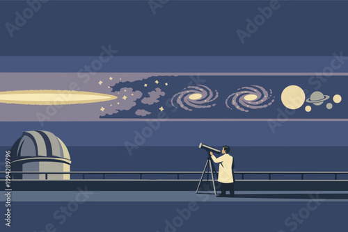 Scientist observing universe evolution from big bang to planets with telescope