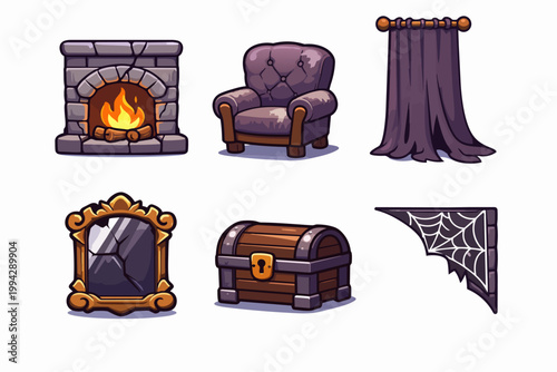 Spooky cartoon objects for haunted mansion game assets and halloween concepts