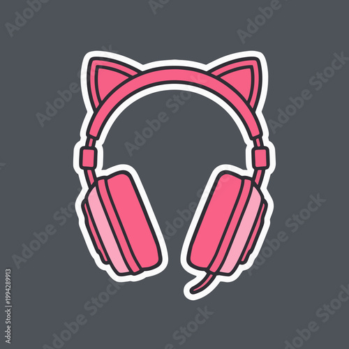 Pink Cat Ear Headphones Audio Device Sticker Vector