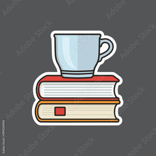 Hot Coffee Cup on Stack of Books Sticker Vector