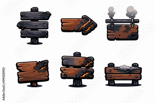 Burnt wooden signboards and arrows with glowing lava cracks and dark smoke