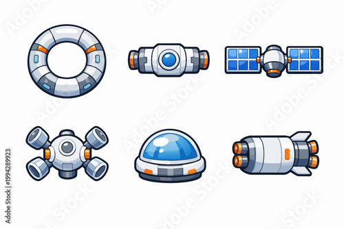 Abstract space station modules and satellite icons for cosmic exploration design