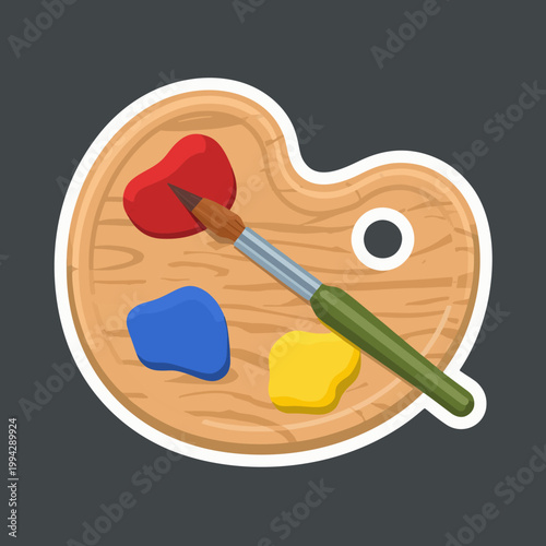 Wooden Art Palette with Brush and Colors Sticker Vector