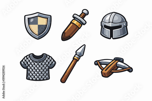 Fantasy rpg game icons displaying medieval weapons and armor set