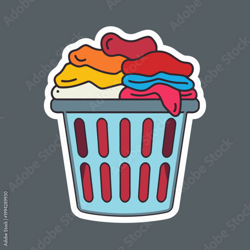 Laundry Basket Full of Colorful Clothes Sticker Vector