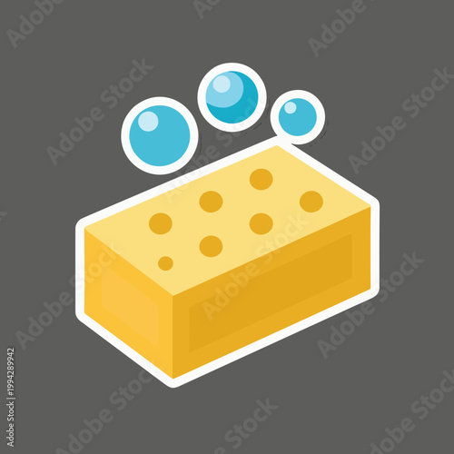 Yellow Cleaning Sponge with Soap Bubbles Sticker Vector