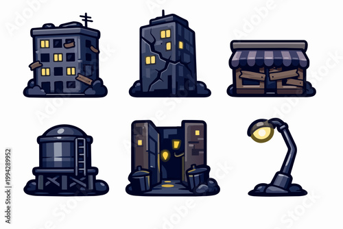 Dystopian urban architecture set with damaged buildings and rundown city elements