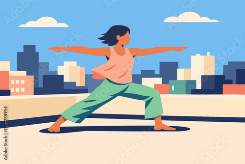 Woman practicing yoga warrior pose on a city rooftop, finding balance and wellness