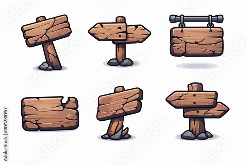 Wooden signboards and arrow signs set for game ui elements and rustic design