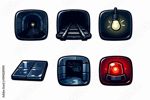 Underground environment icons set with tunnels, railway, light and alarm