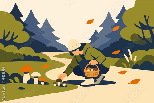 Person harvesting mushrooms in an autumn forest, gathering edible fungi into a basket