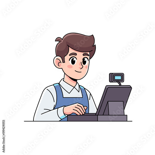 Young man working at a cash register in modern retail setting. Young adult taking customer order  