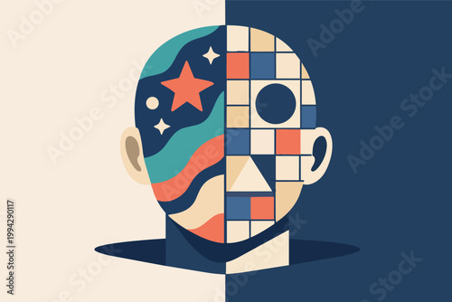 Human mind splitting creativity and logic, showing dual thinking process