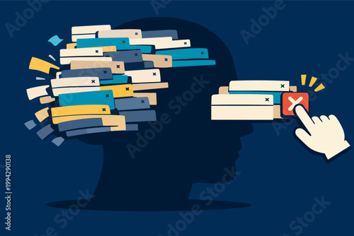 Person clearing mind, removing digital overloads and mental clutter from notification pile