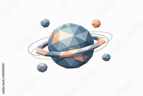 Low poly planet saturn icon with rings and celestial bodies in geometric space