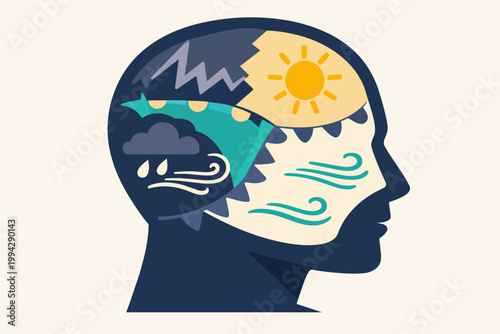 Human head illustrating changing emotions and mood swings with weather symbols