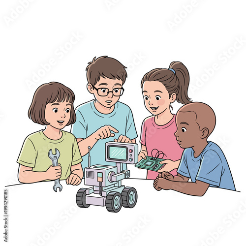 Young people collaborating on robot building project with tools  