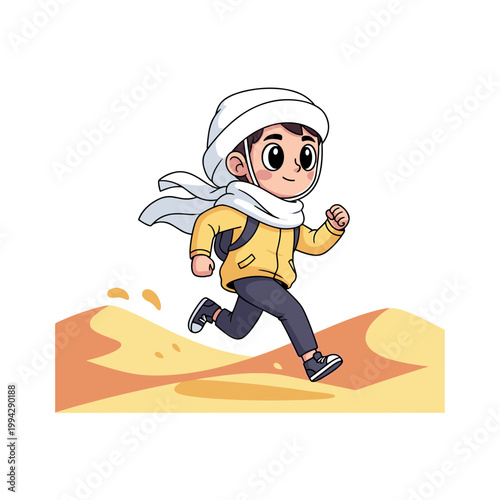Young boy running quickly on sand dunes in desert landscape  