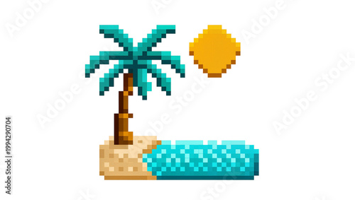Pixelated Palm Tree Island with Yellow Sun and Blue Water