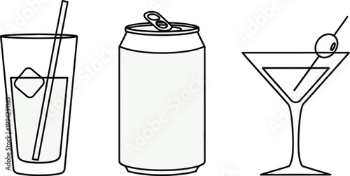 Clean line art illustration of a tall glass with ice and straw, an aluminum can, and a martini glass with olive.