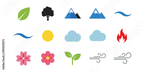 Nature and weather elements set flat design illustration