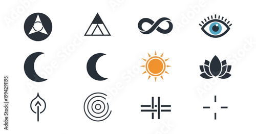 Abstract geometric symbols set against black backdrop