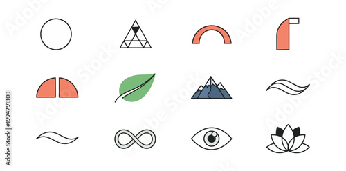 Abstract geometric symbols set on black background