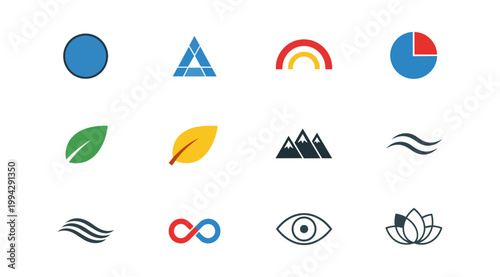 Abstract icon set of various shapes and symbols on black background