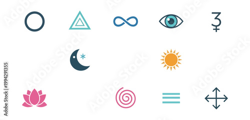 Abstract symbols and icons set on black background