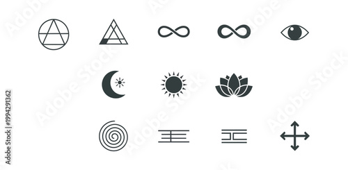 Abstract geometric symbols set on dark background