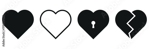 Diverse collection of black heart icons representing love affection locked emotions and broken feelings