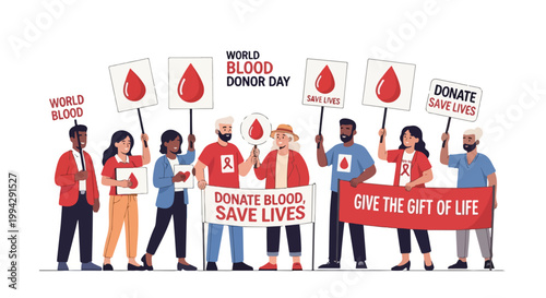 Illustration of diverse people holding signs and banners promoting blood donation on World Blood Donor Day with a clean white background.