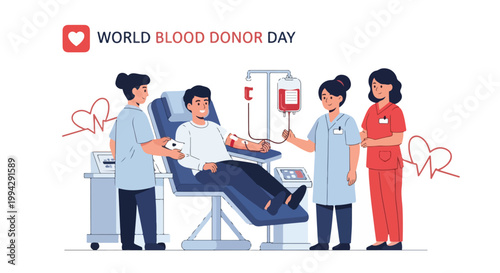 Illustration of medical staff attending to a blood donor on World Blood Donor Day with a red heart symbol.